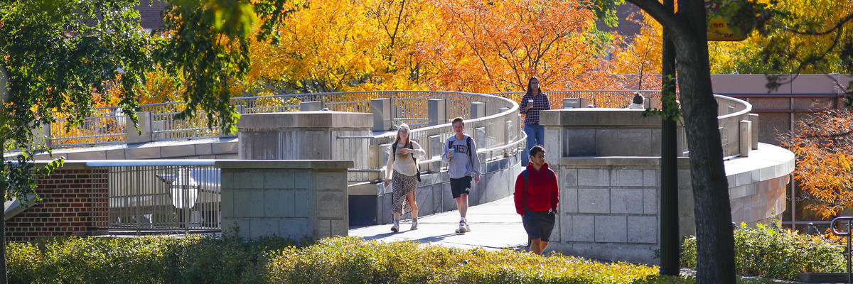 Image of three students crossing one of the walking bridges over University Avenue on campus in fall.